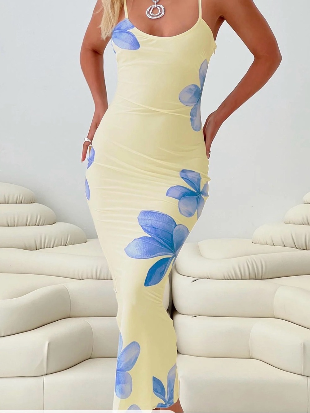 Yellow Slip Dress with Blue Floral Print